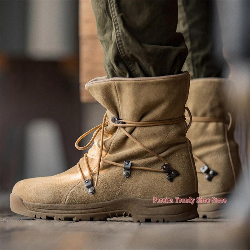 

Spring Autumn New Vintage Brown Suede Short Boots Fashion Thick Soled Lace-Up Ankle Boots Versatile Men's Casual High Top Shoes