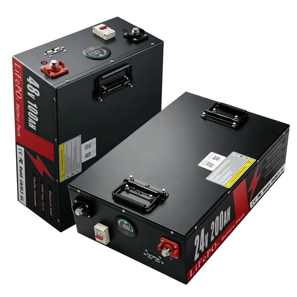 24V 100Ah 200Ah LiFePO4 Batteriepack mit integriertem Bluetooth-BMS, 6000+ Zyklen für Solarenergiespeicher, Wohnmobile, Golfcarts, Boote, Camper, Marine-Trolling-Motoren, Off-Grid-Anwendungen