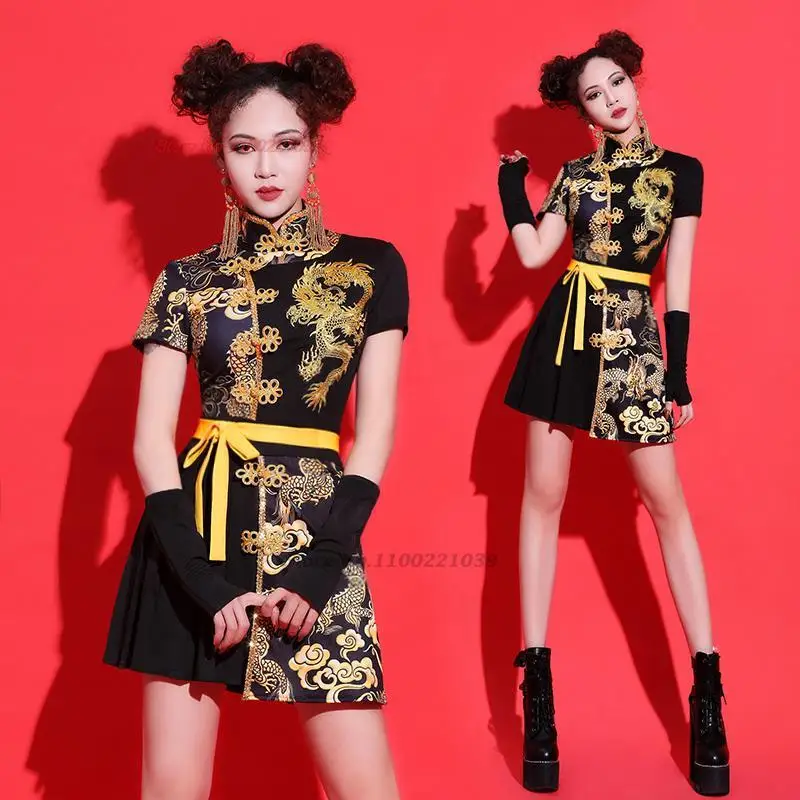 2025, Chinese nationale draak print jazzdans kostuum vrouwen verbeterde qipao hiphop kleding mode gogo outfits dj show kleding