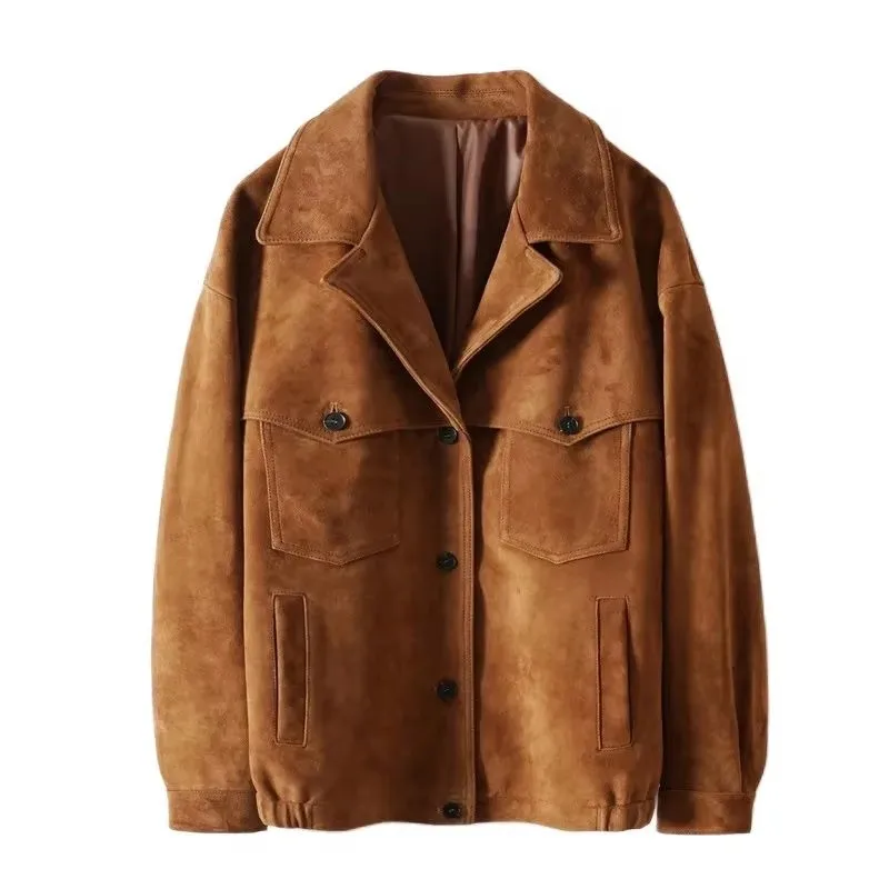 Cappotti in vera pelle da donna in pelle di agnello importata 2026 Nuove giacche in pelle scamosciata monopetto con risvolto marrone casual retrò