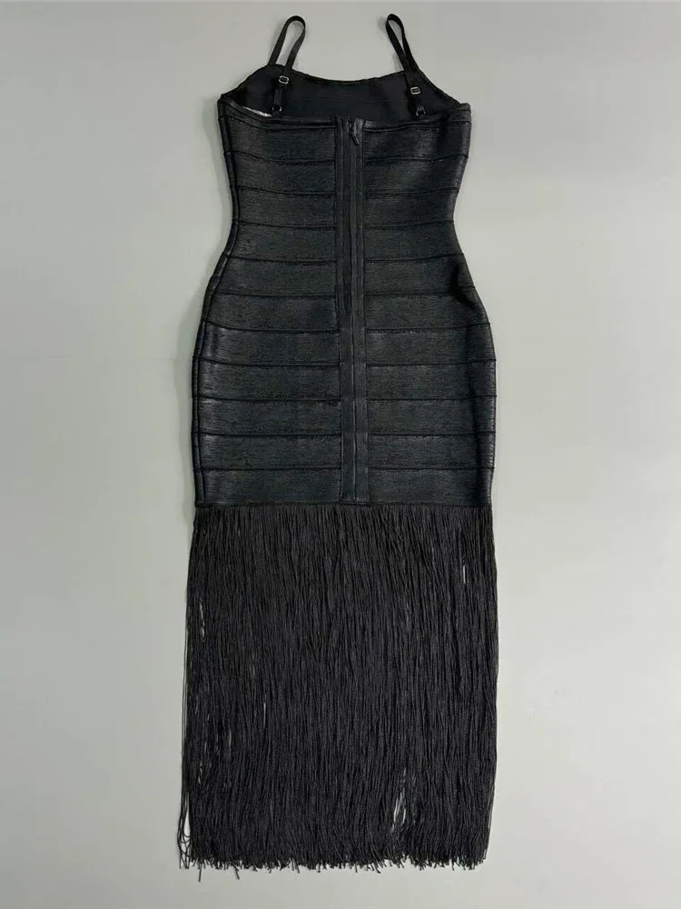 Sexy Spaghetti Strap Fringe Patchwork Lange Verband Kleid Frauen Schwarz Ärmellose Quaste Design Dünne Kleider Elegante Abend Party