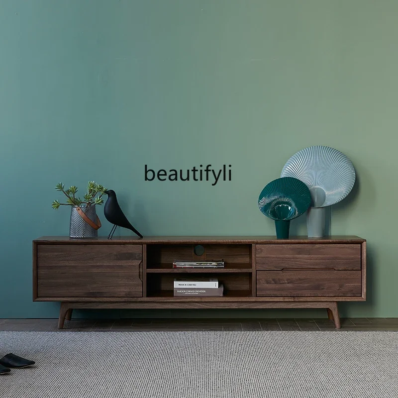 

zxqBlack Walnut Solid Wood TV Cabinet Modern Minimalist Floor Cabinet Nordic Living Room Locker