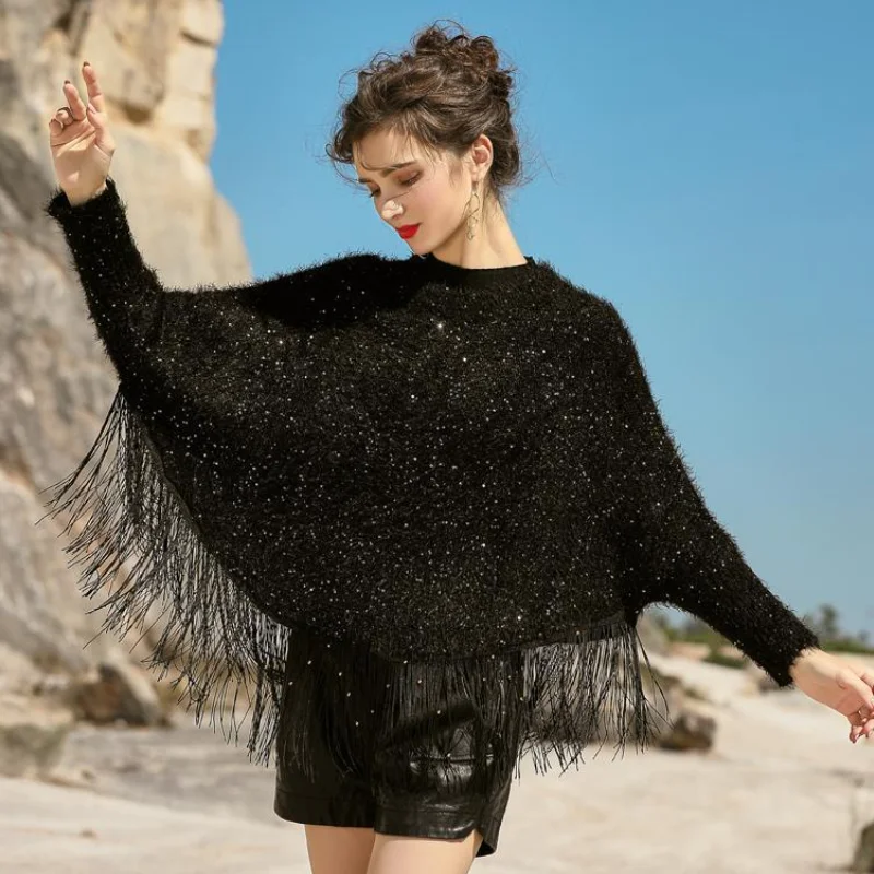 

Mink Cashmere Sequined Fringed Pullover Wraps Cloak Knit Cape Tassels Beaded Sweater Poncho Bat Sleeved Fringed Pashmina Jumpers