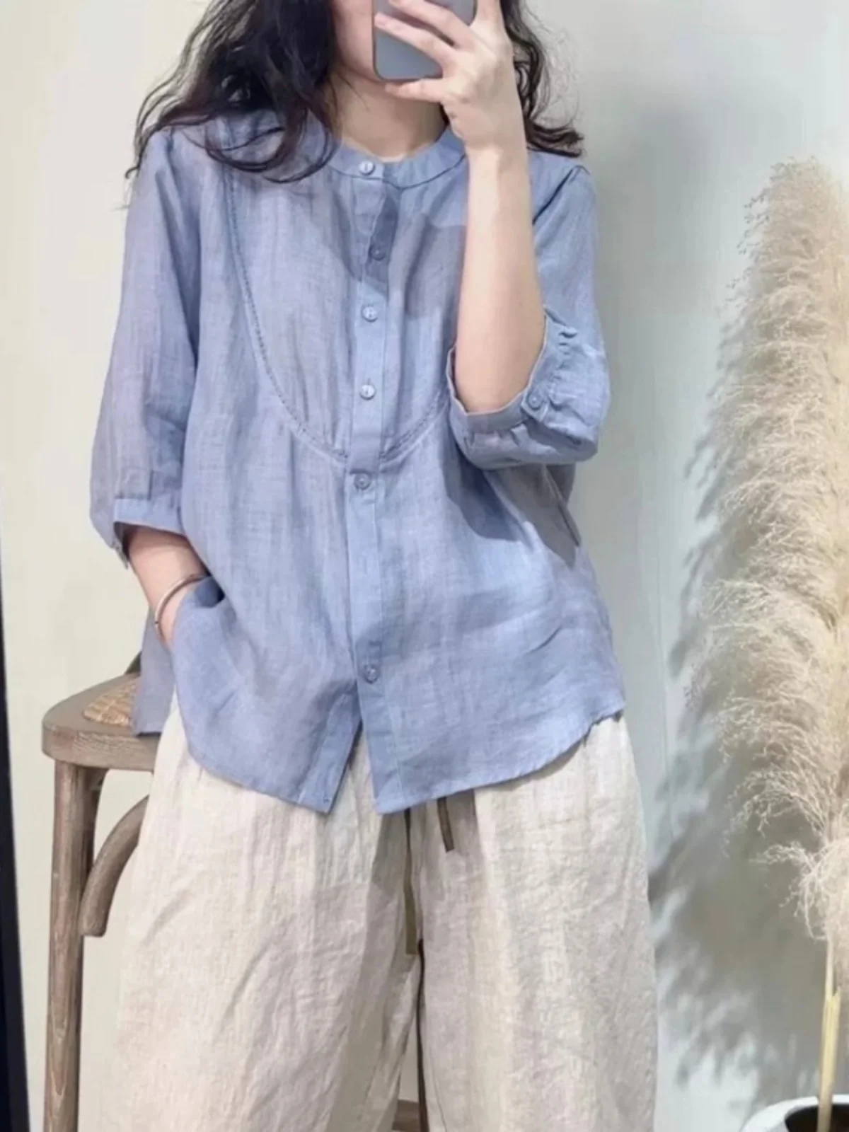 

Женский льняной топ, повседневный свободный крой из хлопка и льна со средним рукавом, винтажный топ на пуговицах, весна-лето