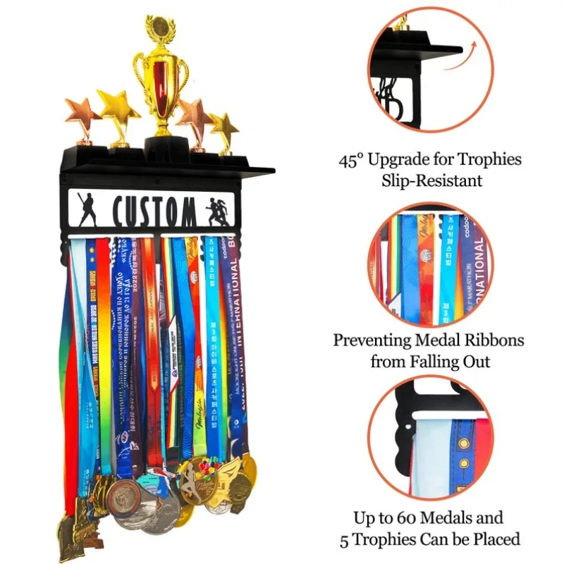 Personalized Medal Hanger with Trophy Shelf Custom Name Display Rack for Runner Marathon Awards Ribbons Trophies Holds Up