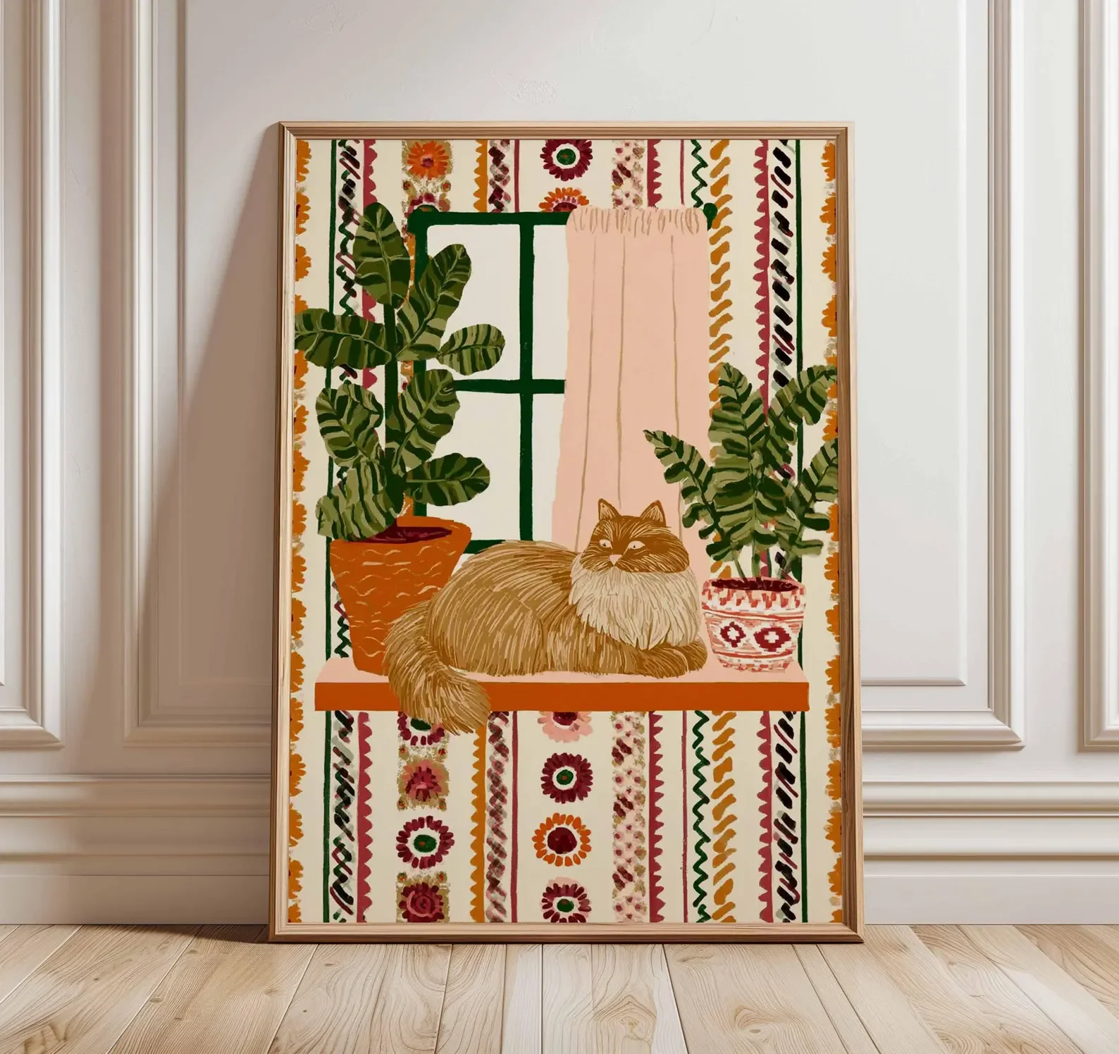 Ginger Cat Wandkunstdruck, Boho Botanisches Poster mit Zimmerpflanzen, gemütliche Katzenillustration, farbenfrohe Heimdekoration, Ginger Cat Pos