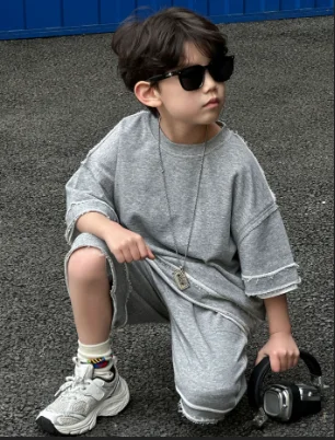 Children's Splicing Edge Hoodie Shorts Set 2026 Spring Summer Collection Fashion Korean Simple Style 2pieces