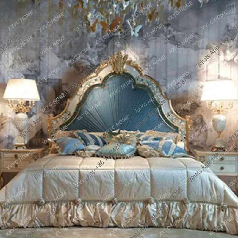 XX  Solid Wood Carving Flower Fabric Double Bed  Inlaid Shell Gold Foil Bedroom 1.8 Meters