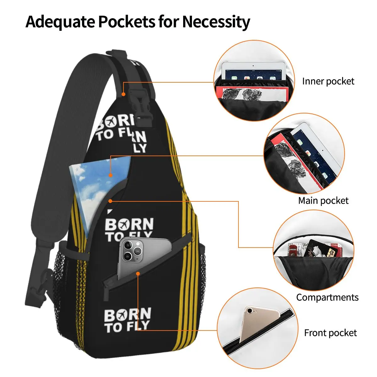 Born To Fly Captain Stripes Sling Bags, pecho Crossbody, mochila de hombro, deportes al aire libre, Daypacks, Pilot Air Fighter, Cool Bag