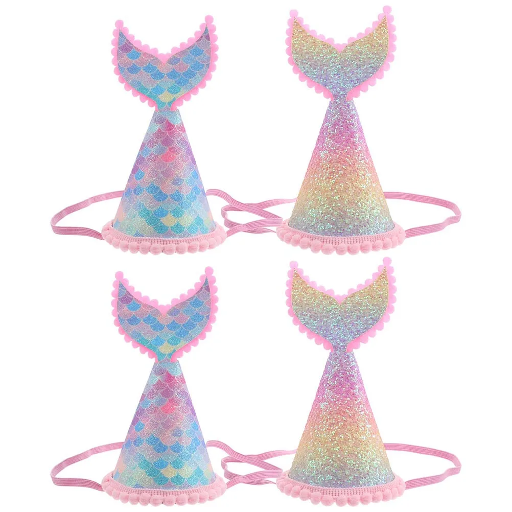 

4Pcs Mermaid Tail Birthday Hats Kids Sequin Elastic Band Birthday Party Hats Photo Props Party Crowns Photo Props