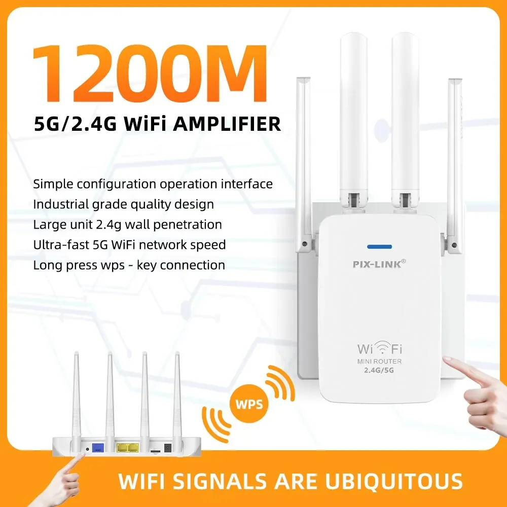 PIX-LINK AC29 1200Mbps Wireless Wifi Extender Wifi Repeater/Router Dual Band 2.4&5.8Ghz 4 Wi Fi Antenna Long Range Signal Amplif