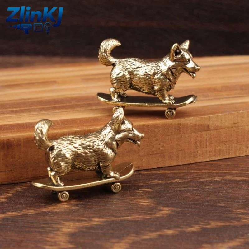 Brass Skateboard Dog Figure Vintage Mini Sculpture Collectible Ornament for Car Home Decor Skate Lovers Gift