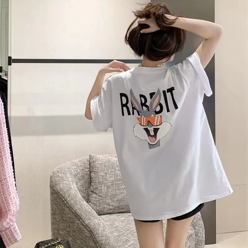 

Spring Summer New Sle Women's Rabbit ort Sve T-irt Mid-Length f Sve Outerwear Trendy Cotton round Ne Print Top