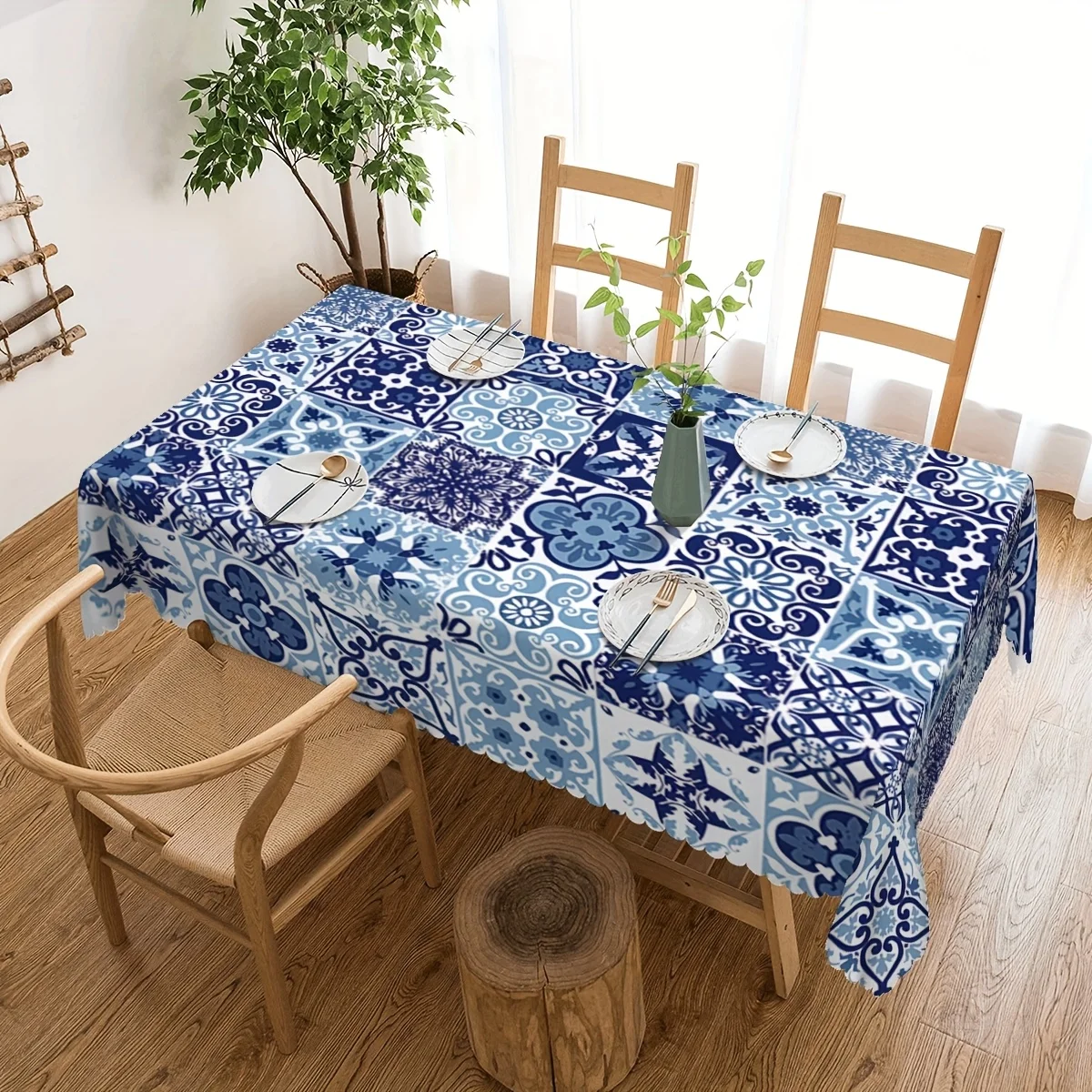 Blue Tile Patchwork Rectangle Tablecloth for Table Decor Elegant Bohemian  Style Kitchen Dining Table Cloth Holiday Party Decor
