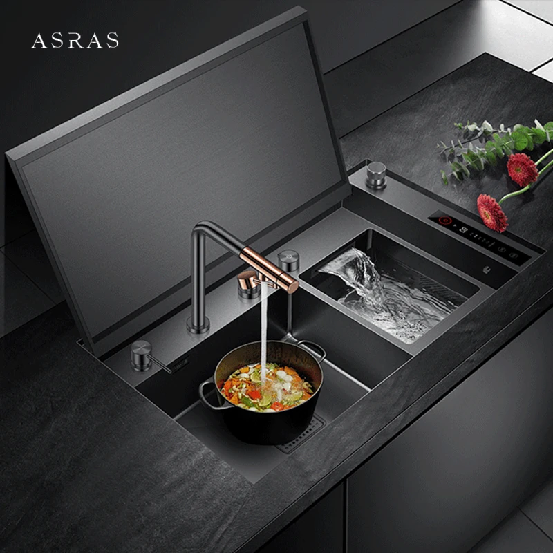 ASRAS Hidden Double Sinks Ultrasonic Smart Purifying Kitchen Island Sinks Flip Cover Hidden 4mm Thickness Handmade kitchen Sinks