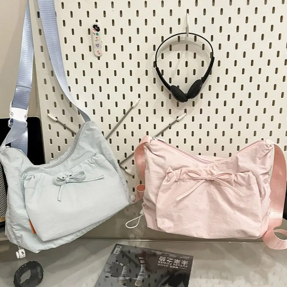 

Korean Style Nylon Shoulder Bag Oxford Cloth Handbag Bow Crossbody Bag Pleated Large Capacity Drawstring Bag Office Worker