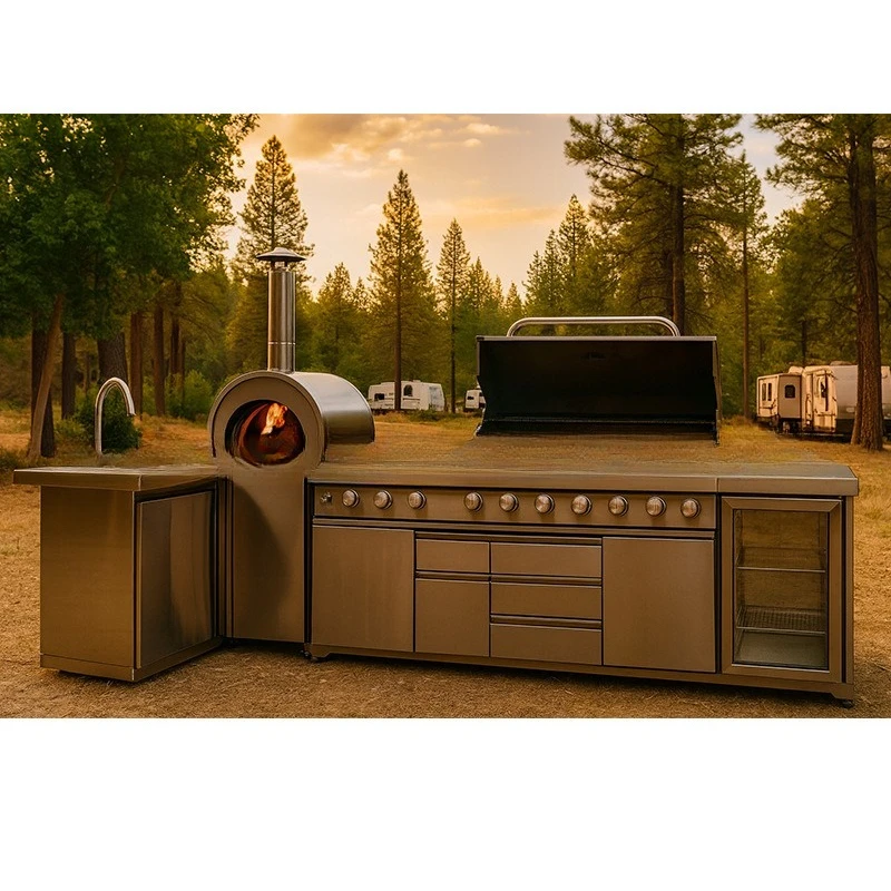 Luxury courtyard villa stainless steel outdoor kitchen refrigerator combination marble countertop embedded