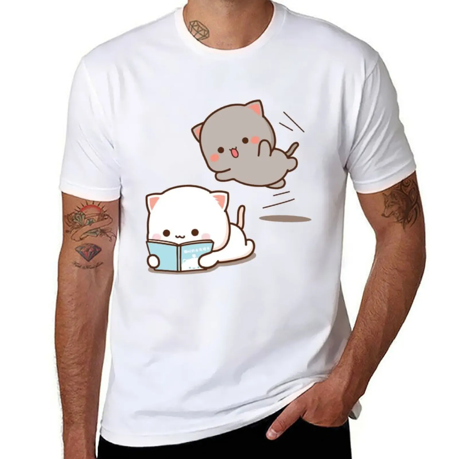 

mochi mochi peach cat reading Premium 1 T-Shirt summer top Blouse Men's cotton t-shirt