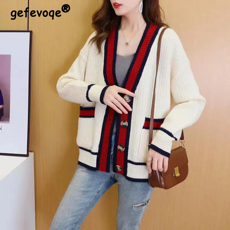 Women\'s Clothing Korean Fashion Contrast Color Chic Button Cardigan Female Casual V Neck Long Sleeve Loose Knitted Sweater Coats