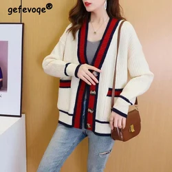 Women's Clothing Korean Fashion Contrast Color Chic Button Cardigan Female Casual V Neck Long Sleeve Loose Knitted Sweater Coats