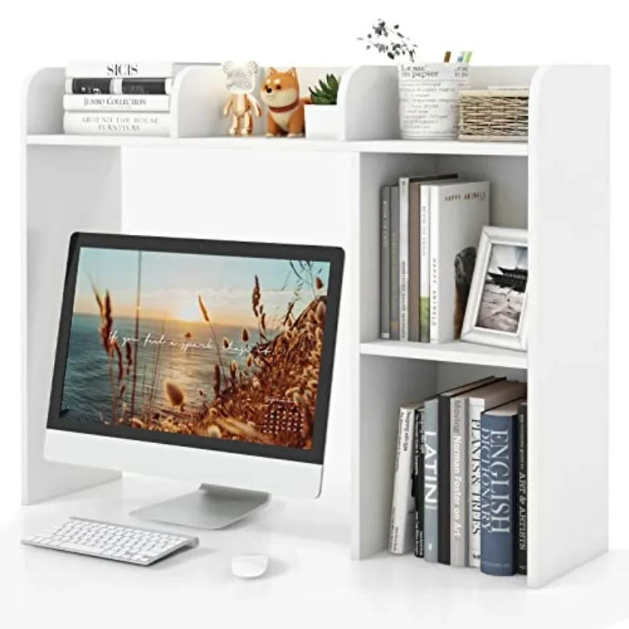 Desktop Bookshelf, Countertop Storage Hutch for Computer Desk, 3-Tier Wood Display Rack in Natural Finish Multipurpose Dorm Off