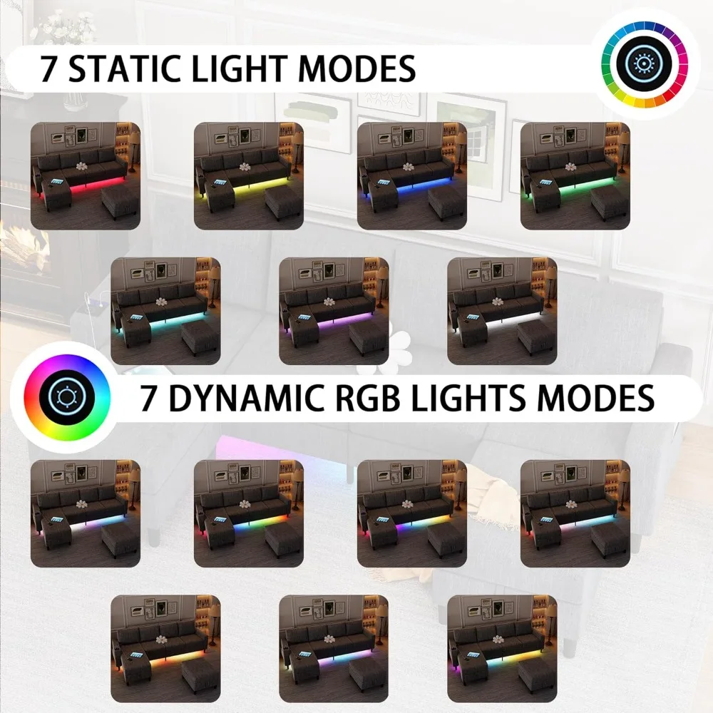 Льняной 4-местный секционный диван с двусторонним шезлонгом и пуфиком для хранения вещей, U-образная мебель для гостиной