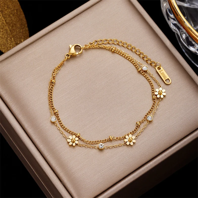 316L Edelstahl Neue Mode Edlen Schmuck 2 Schicht Embed Zirkon Gänseblümchen Blumen Charme Kette Armbänder Armreifen Für Frauen