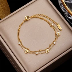 316L Stainless Steel New Fashion Fine Jewelry 2 Layer Embed Zircon Daisy Flowers Charm Chain Bracelets Bangles For Women