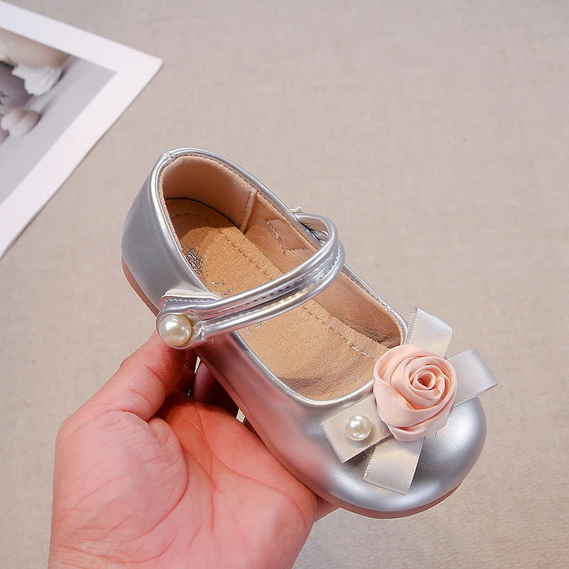 Girls Leather Shoes Four Seasons Flowers Girls Mary Jane Shoes 2-12 Years Old Silver Shallow Mouth Children Baby Single Shoes