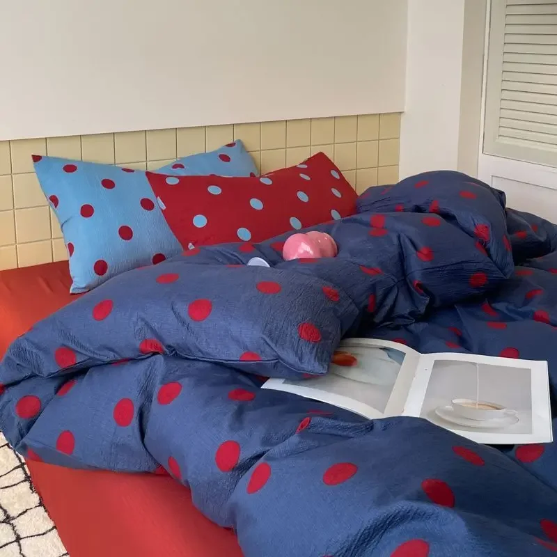 

Polka Dot Bedding Set Duvet Cover Set With Fitted Sheet Blue Red Color For Bedroom Decor Soft Comfortable Full Queen Size