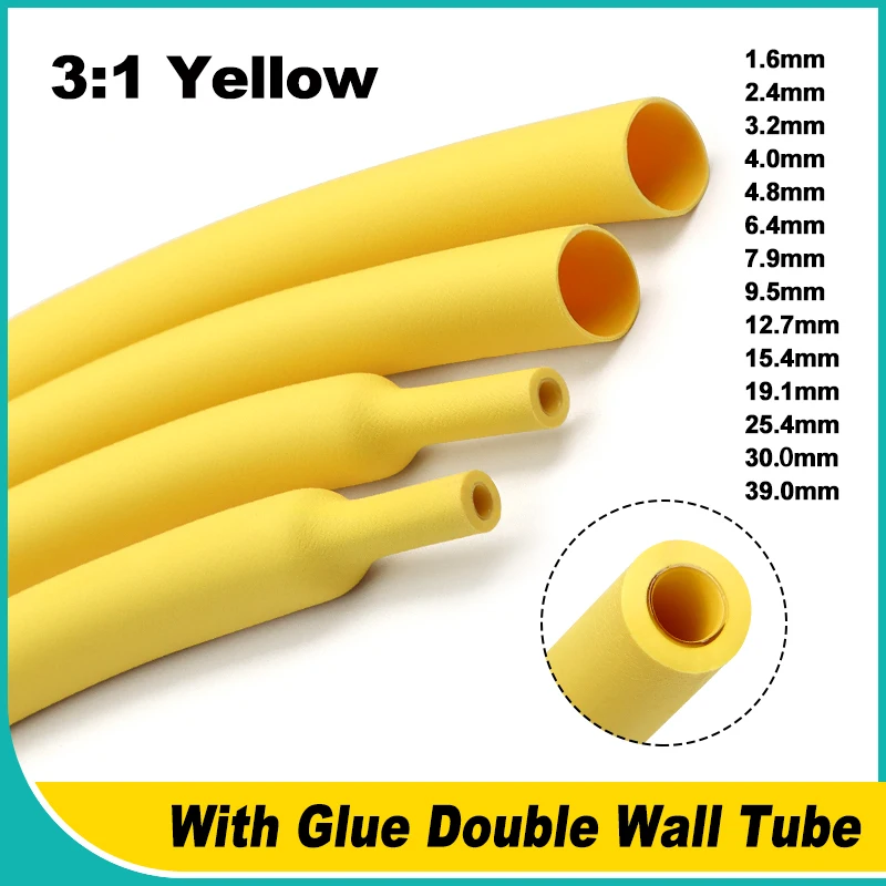 

3:1 With Glue Double Wall Heat Shrink Tube 1.6mm ~ 39mm Yellow Polyolefin Insulated Adhensive Lined Wire Cable Protector Sleeve