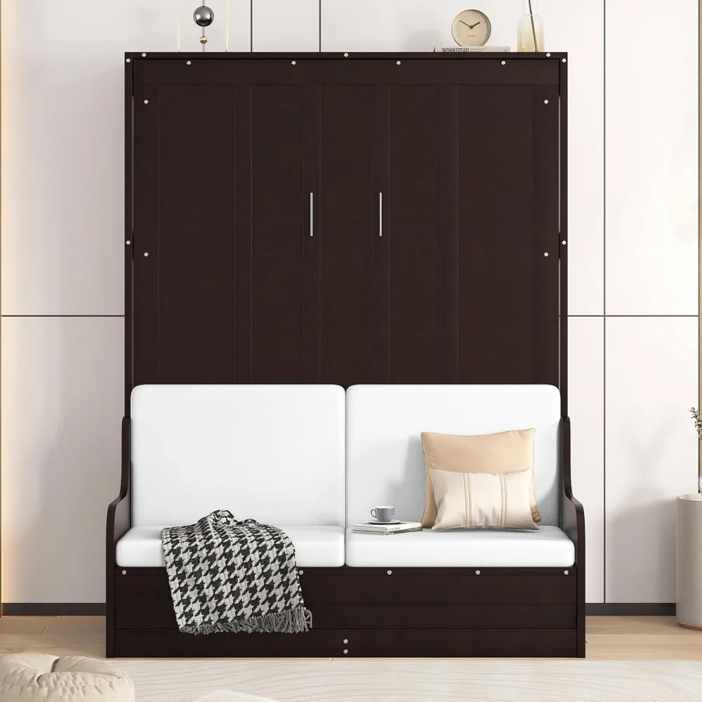 

Espresso Wooden Queen-Size Murphy Bed with Sofa and Cushion, Ideal for Home Office or Compact Spaces