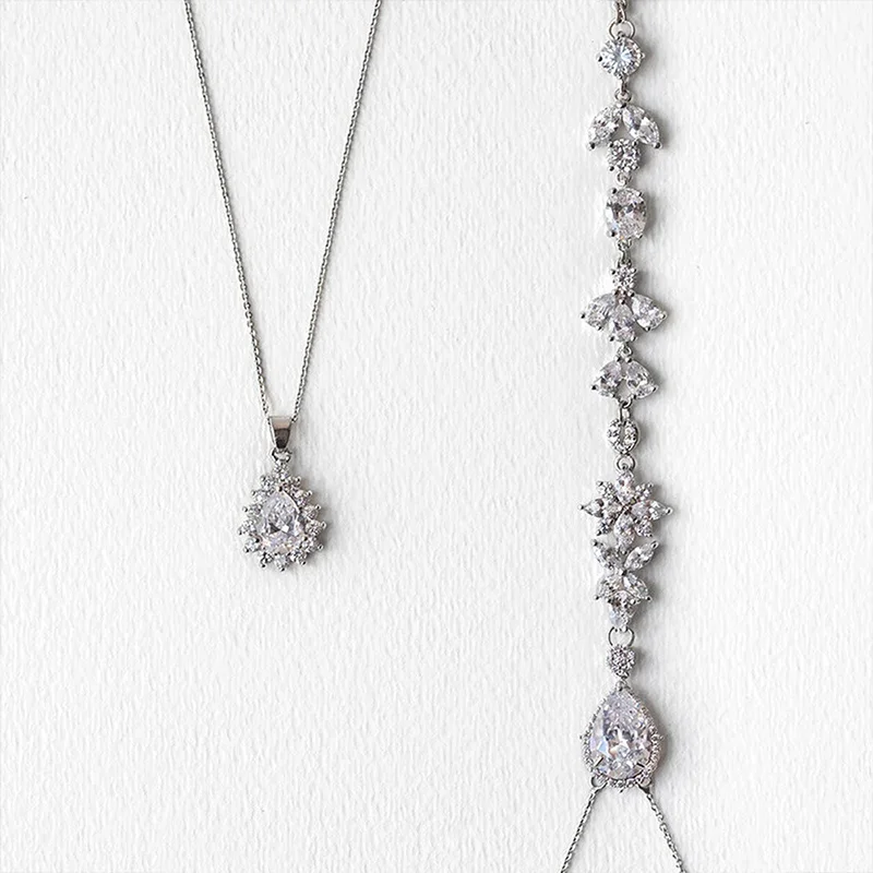 Stonefans Simple Zircon Leaf Back Chain Necklace for Women Sexy Rhinestone Long Water Drop Body Chain Bridal Wedding Jewelry