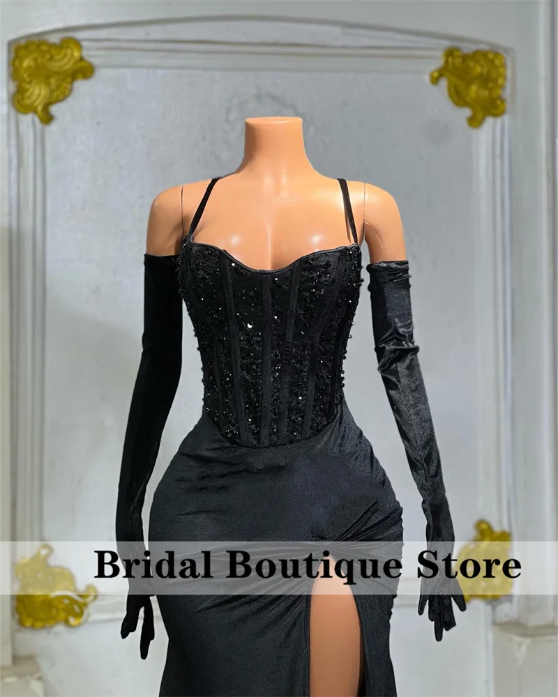 Exquisite Black Evening Dresses With Two Gloves Velvet Beaded Lace Wedding Party Senior Prom Gowns Bridemaid Customized