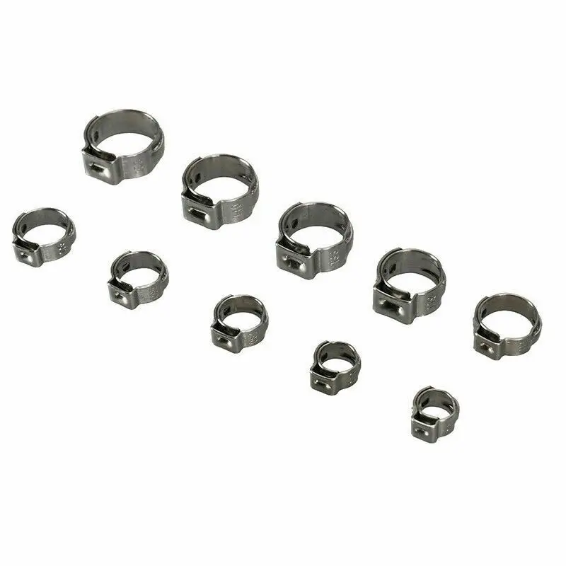 25pcs In bags Single Ear Hose Clamps 5.8-23.5mm 304 Stainless Steel Ear Stepless Pipe Cinch Clamps Rings Assortment Kit