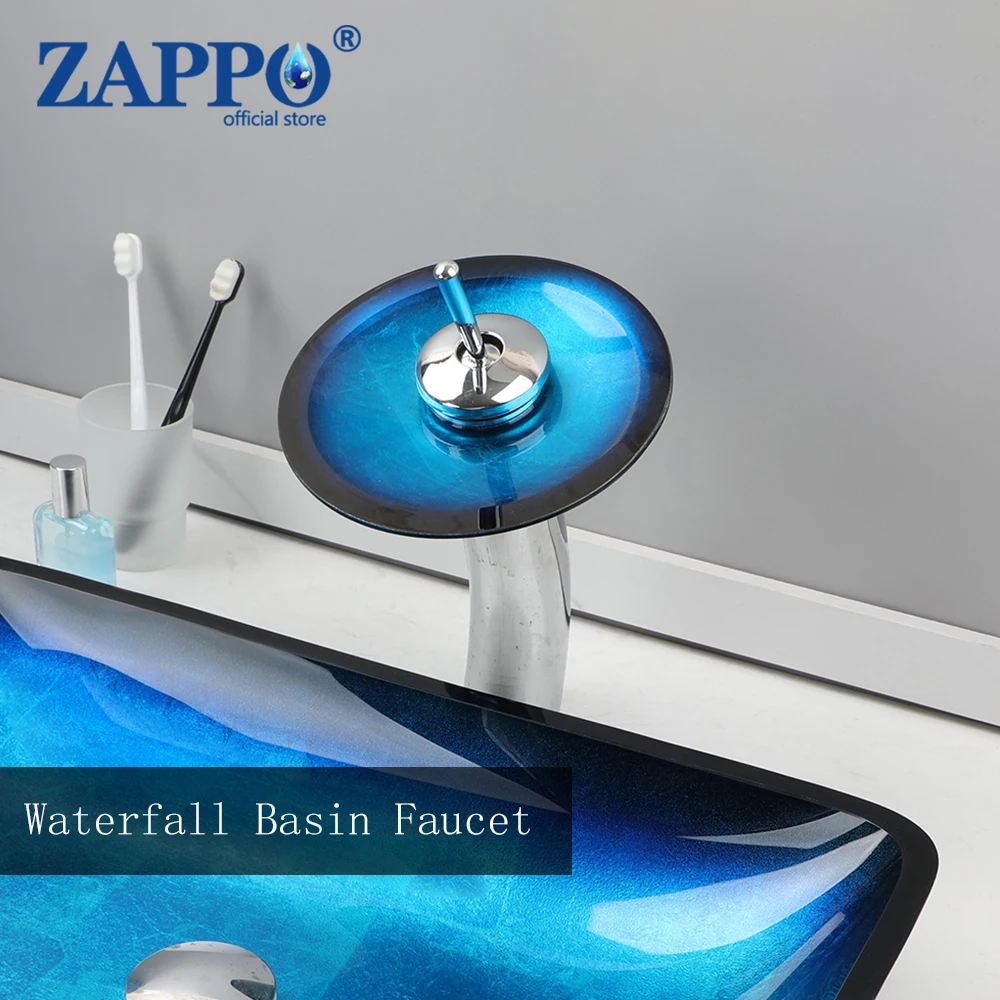 ZAPPO Waterfall Bathroom Faucet Tap for Sink Chrome Tempered Glass Spout Single Lever Lavatory Basin Mixer Taps Commercial