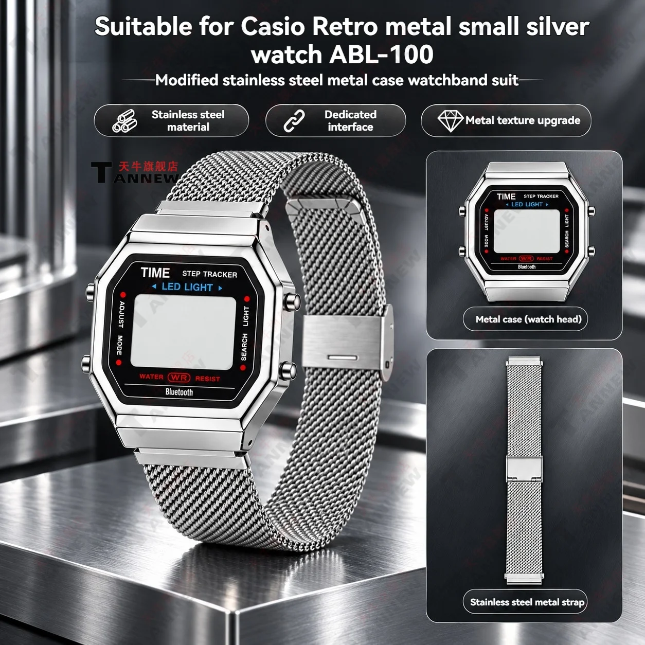 Stainless Steel Replacement Case Band Mod Kit for Casio ABL-100 Vintage Square Watch Metal DIY Upgrade Repair Parts Set