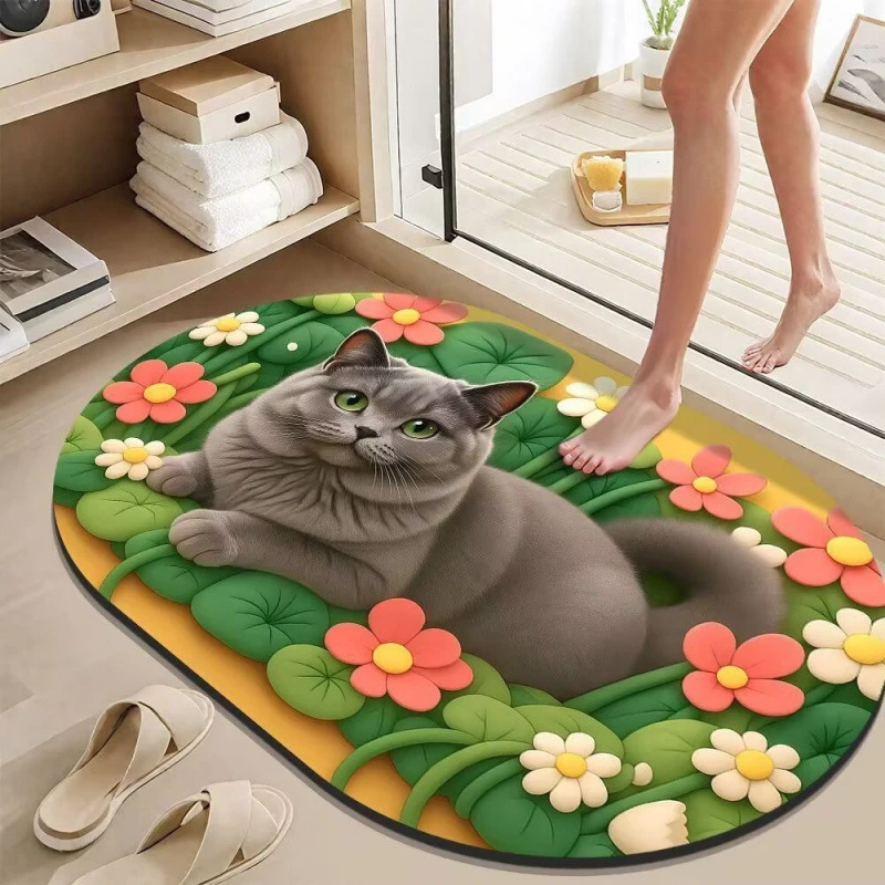 VIKAMA Oval Bathroom Mat 3D Blue Cat Flower Anti Slip Absorbent Mat Bathroom Home Decoration