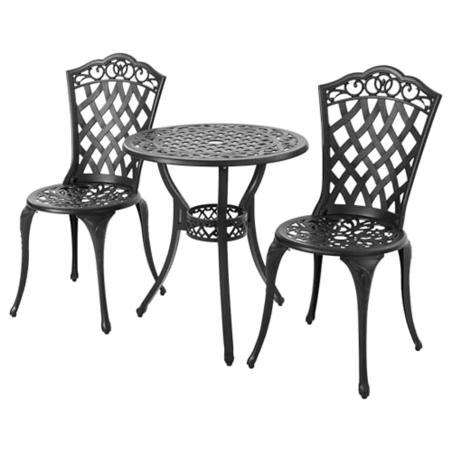 

Комплект для улицы из 3 предметов: стол и стулья из литого алюминия с отверстием для зонта, черный, для балкона или патио, прочный и устойчивый к погодным условиям