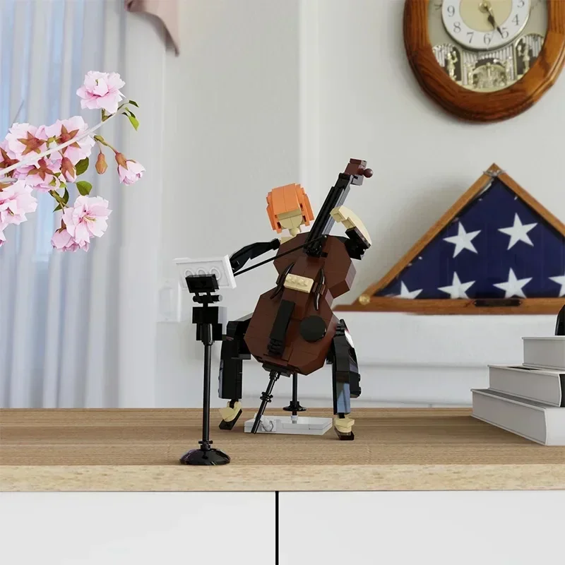 MOC 창의적인 도시 밴드 바이올린 첼로 트럼펫 더블 베이스 재즈 연주 장면 음악 피아니스트 피규어 블록 모델 어린이 장난감 선물