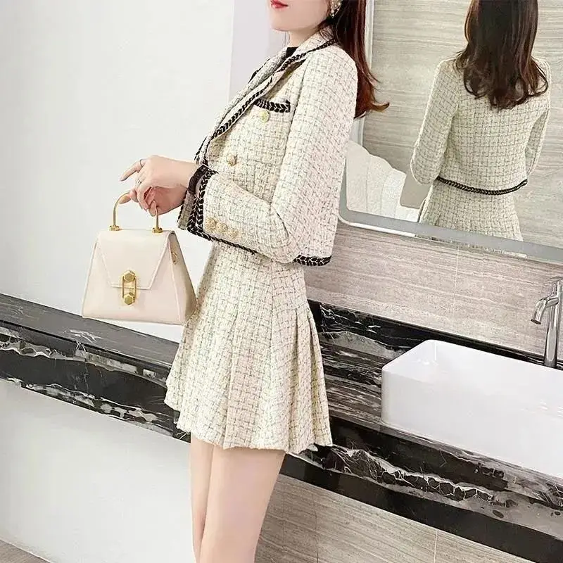 UNXX 2024 Autumn Winter Trendy Luxury Elegant 2 Piece Sets Women Notched Collar Long Sleeve Chic Blazers Sexy Pleated Mini Skirt