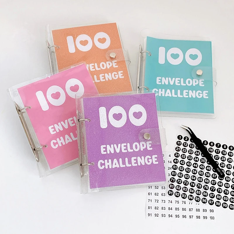 1Set 100 Day 100 Envelope Challenge Fine Sparkle Saving Money Binder Loose-leaf Savings Notebook Cash Budget Storage Book Gifts