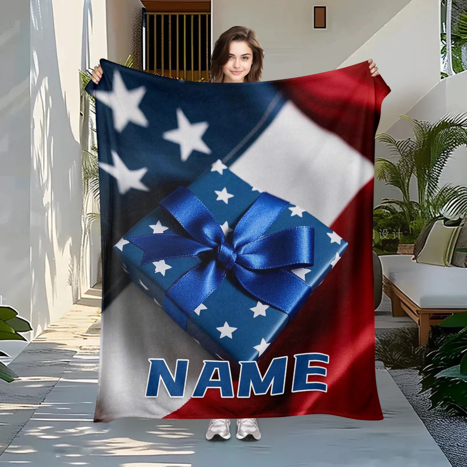 

Memorial American Flag Color Flannel Blanket With Custom Name, Soft And Warm For Family And Friends