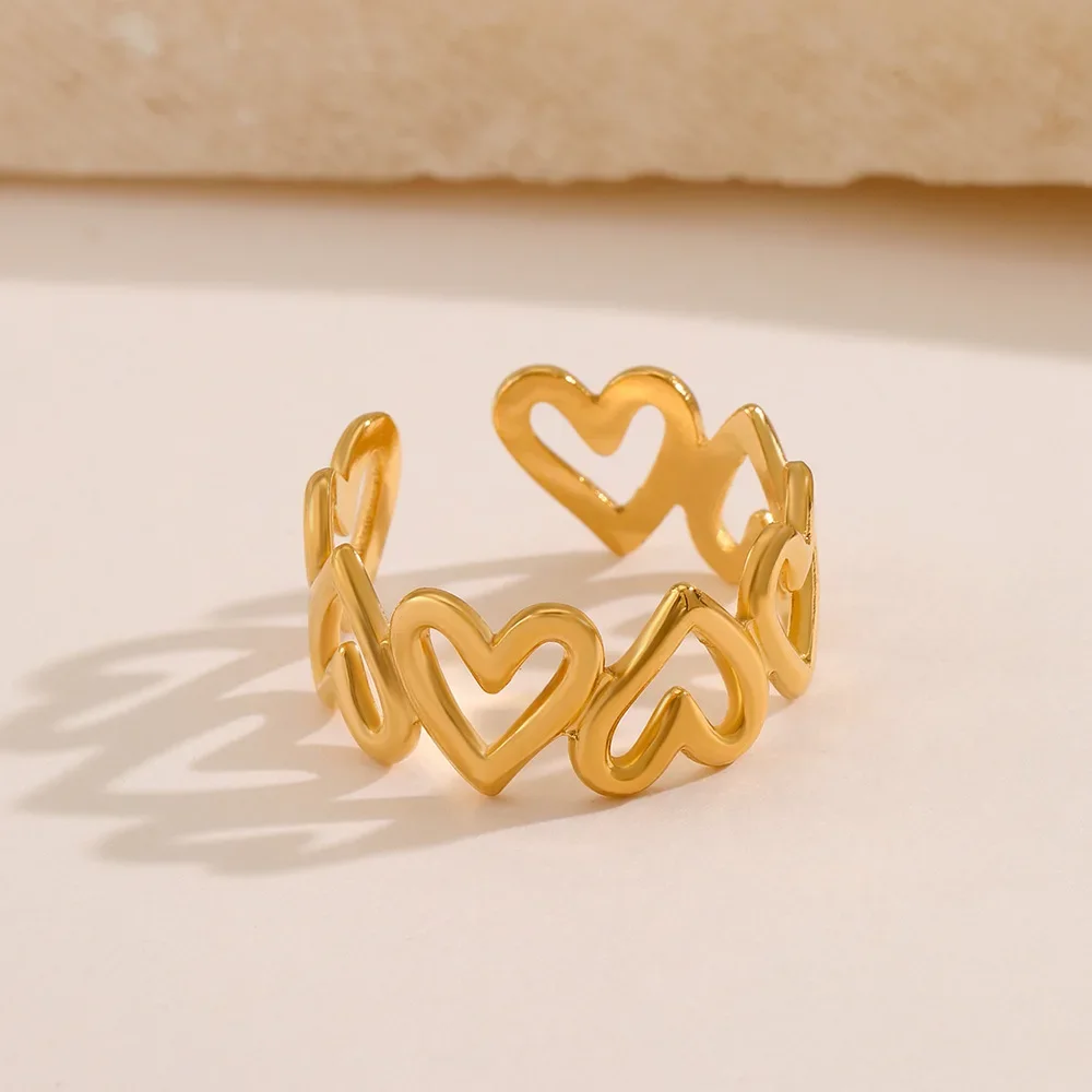 Stainless Steel Gold Color Hollow Heart Open Rings for Women Girl Vintage Adjustable Finger Ring Non-fading Wedding Jewelry Gift