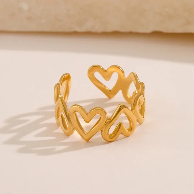 Stainless Steel Gold Color Hollow Heart Open Rings for Women Girl Vintage Adjustable Finger Ring Non-fading Wedding Jewelry Gift