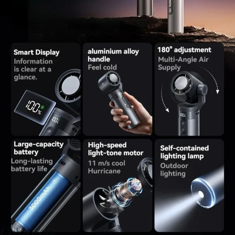 180° Gimbal Rotate Semiconductor Cooling Fan 100 Levels Speed Built-in 3000mAh Battery Flashlight Mini High Speed Fan