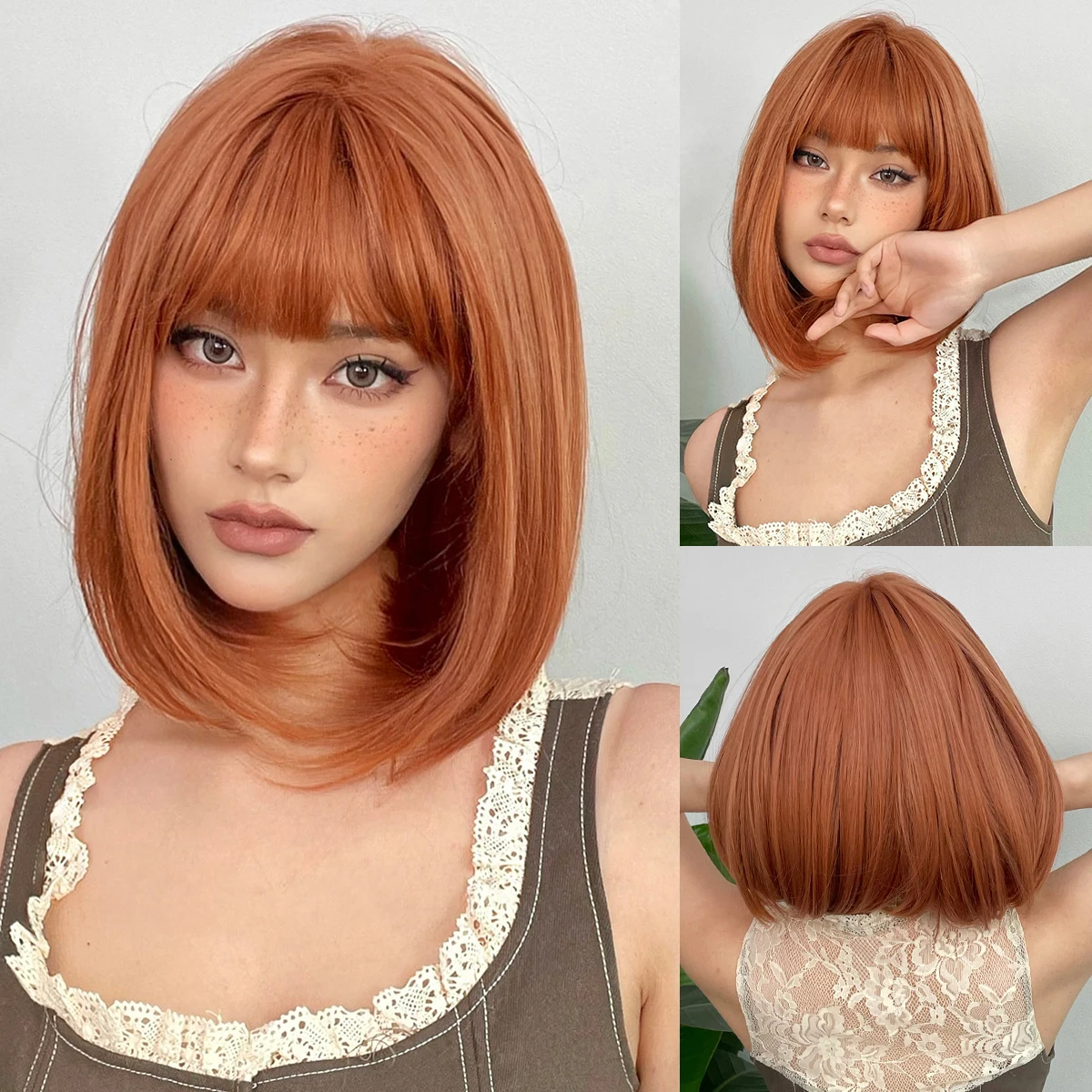 

Orange Brown Short Bob Wig with Bangs Synthetic Straight Wigs for Women Cosplay Party Daily Natural Hair Heat Resistant Fibre