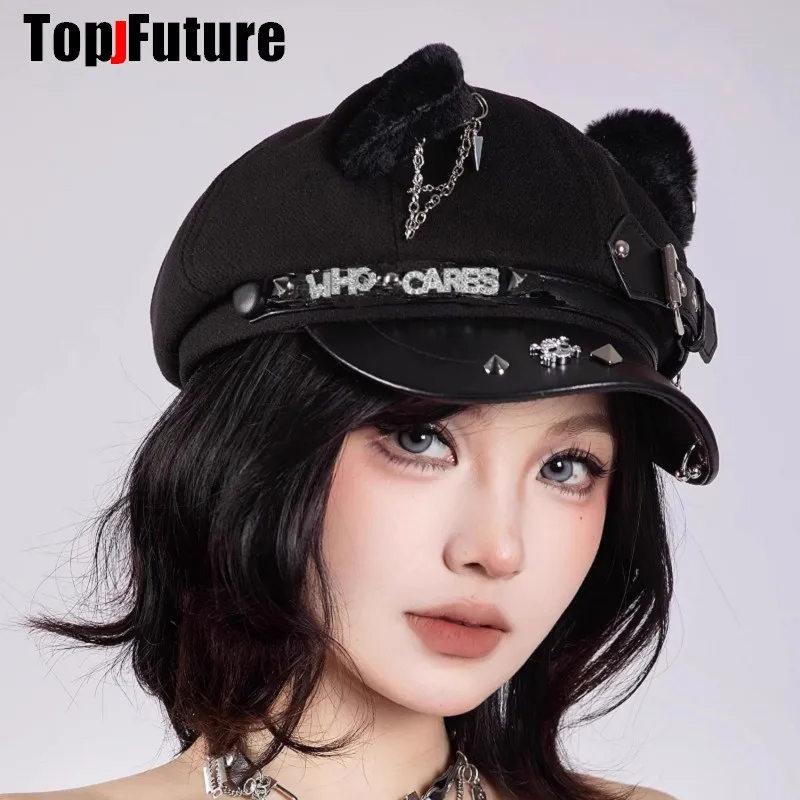 Women Cat's Ears Harajuku Gothic Lolita Beret Y2K Girl Steampunk Punk Biomimetic Cat Science Spike Sun Hat Bling Bing Rivet Cap