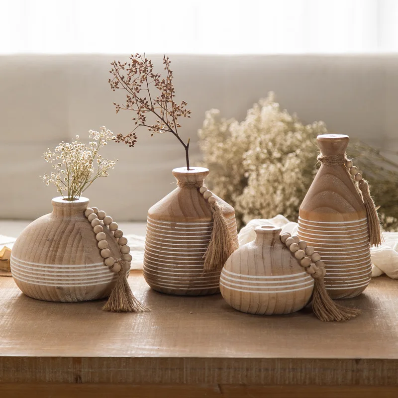Tea room solid wood carving dried flower ornaments log wind B & B pottery shop decorative handmade vase
