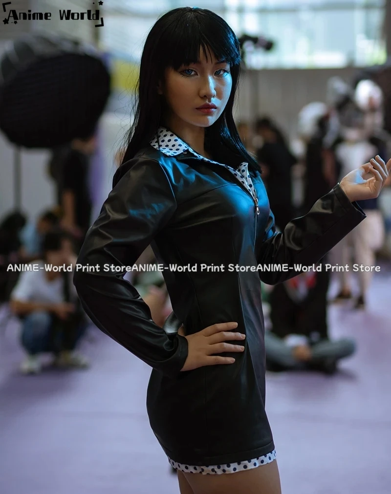 《Custom Size》Anime Robin Black Faux Leather Blue Spots Sexy Dresses Cosplay Costume For Women Uniforms